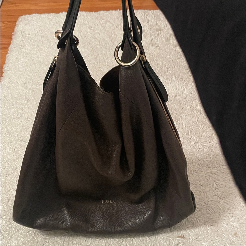 Furla • Brown/ Grey Leather Hobo Shoulder Bag Vintage